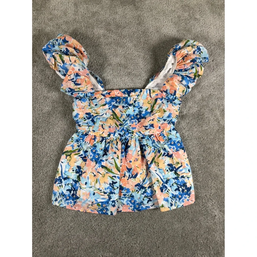 Abercrombie & Fitch Floral Puff Sleeve Smocked Babydoll Top Blue Peach XS